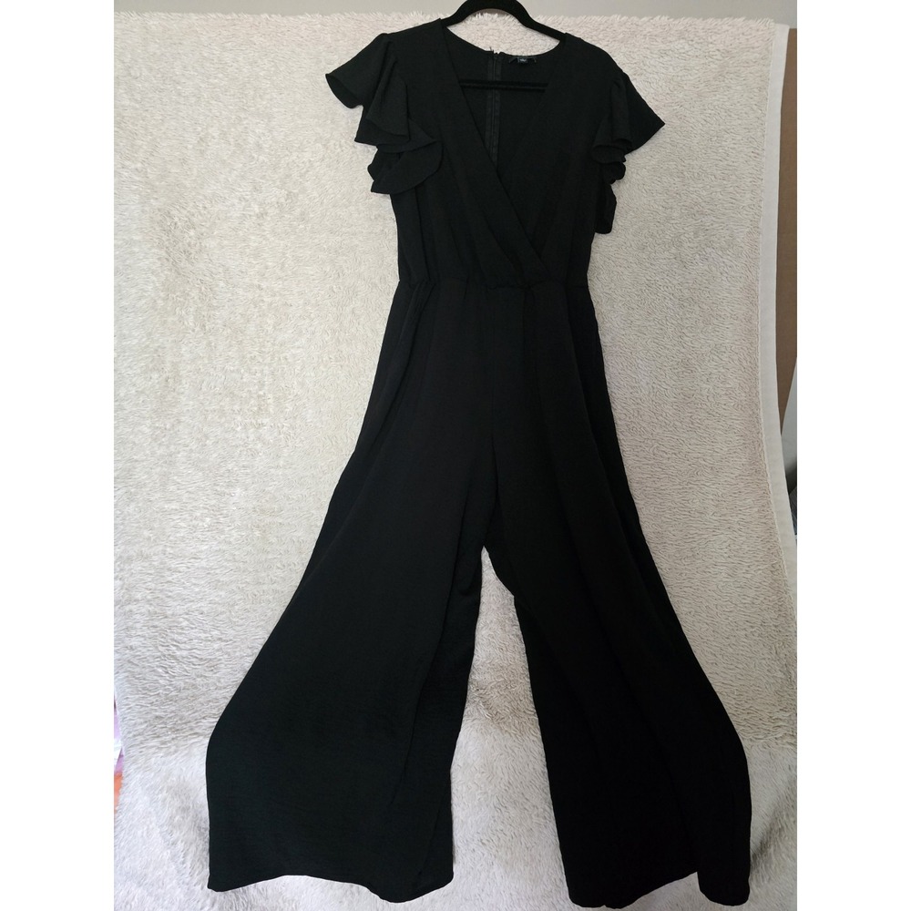Sz  L MSK  Black Jumpsuit One-piece Short Ruffle Sleeve Wide Legs Stretch